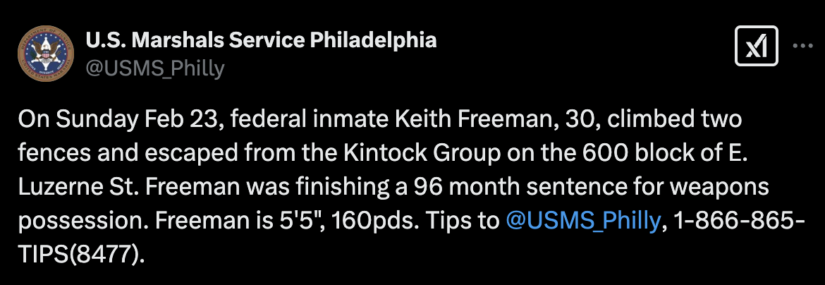 费城再现惊天越狱！男子翻两道围栏逃离联邦监狱